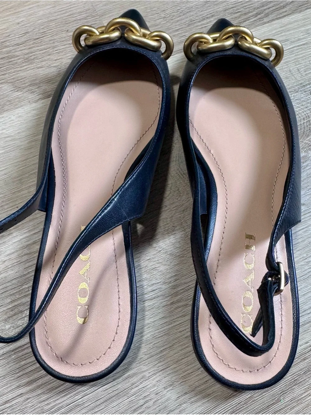 Coach Black Leather Pointed Slingback Flats with Gold Chain Accent
